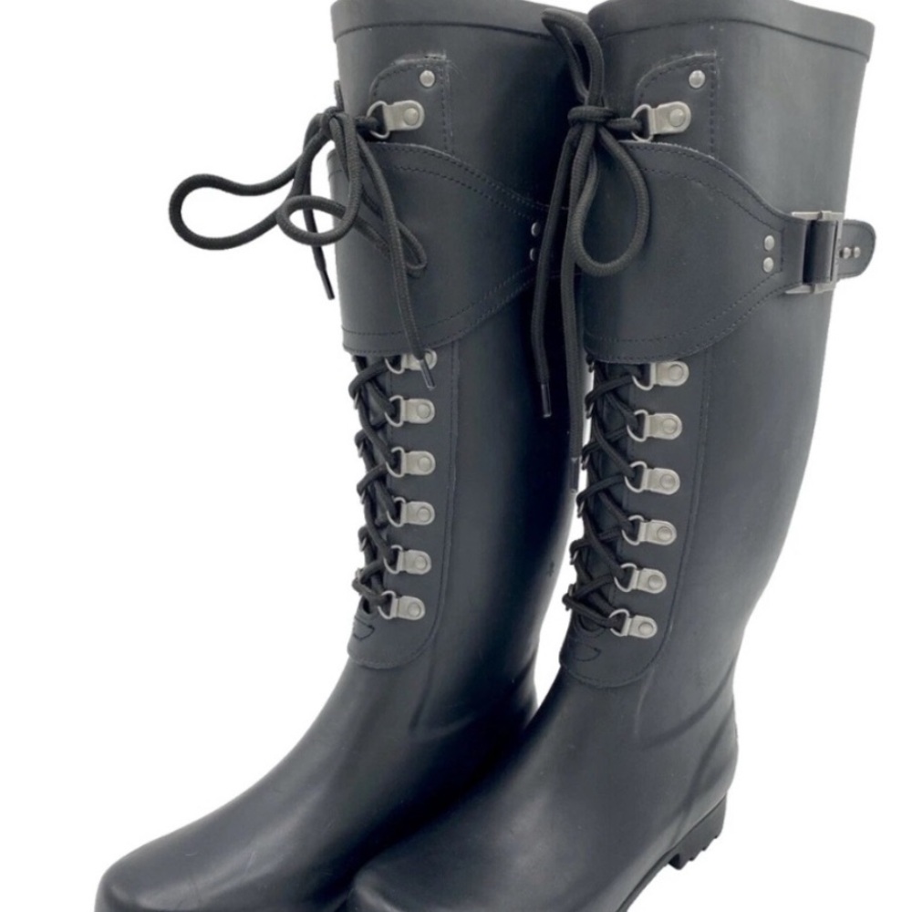 UGG “Madelynn” Black Lace-Up Rain Boots